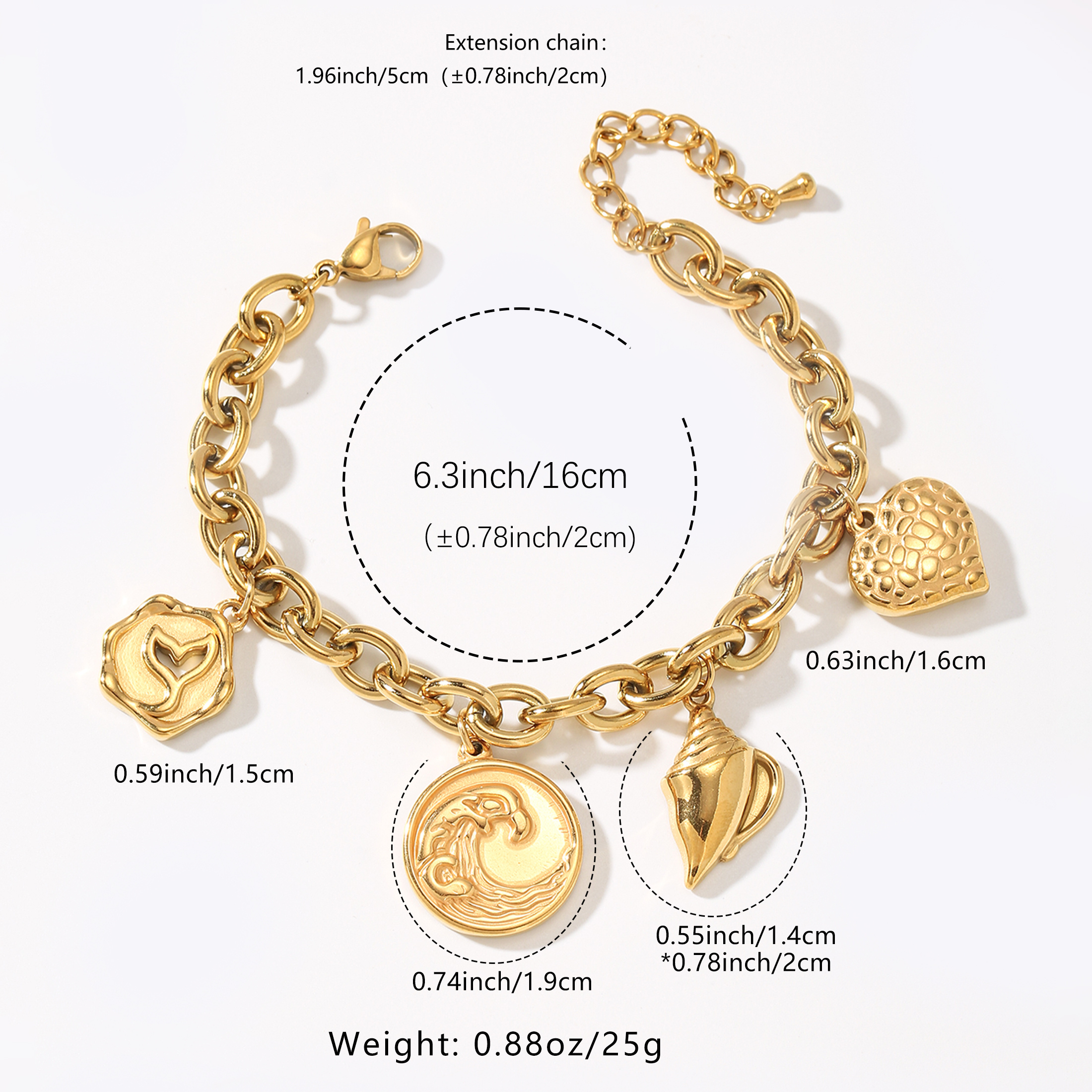 LNCHRAN Heart Shell Bracelet Gold Tone Stainless Steel